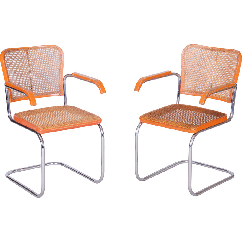 Pair of vintage beech and rattan armchairs by Robert Slezak, Czechoslovakia 1930