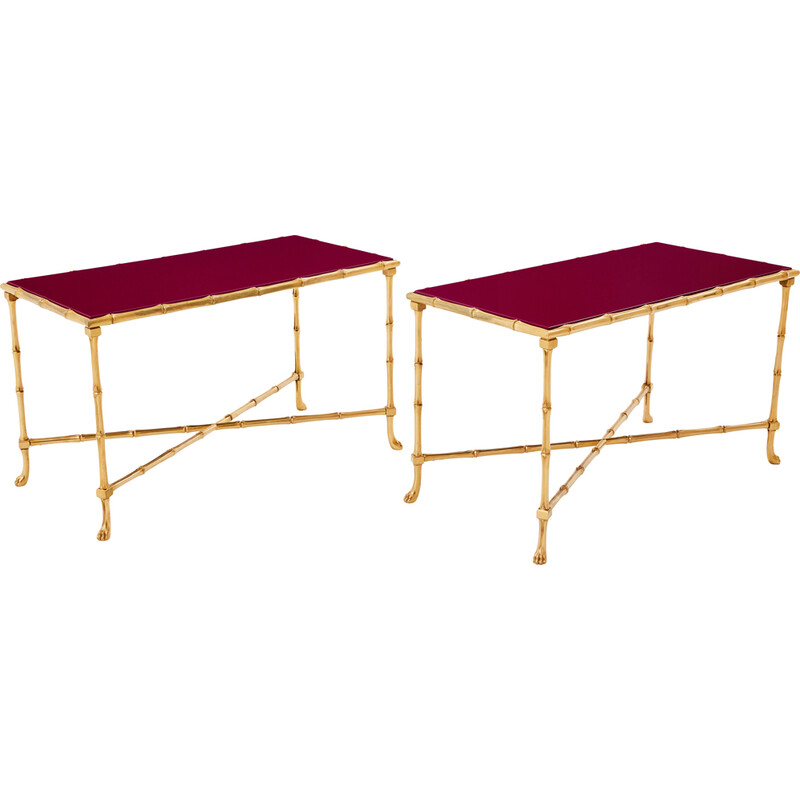 Pair of vintage end tables in red lacquered brass for Maison Jansen and Maison Baguès, 1960