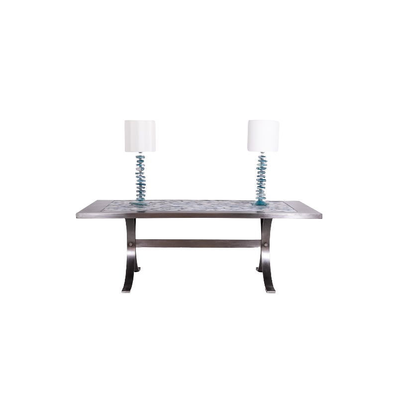 Vintage rectangular dining room table in polished metal and ceramic, 1970