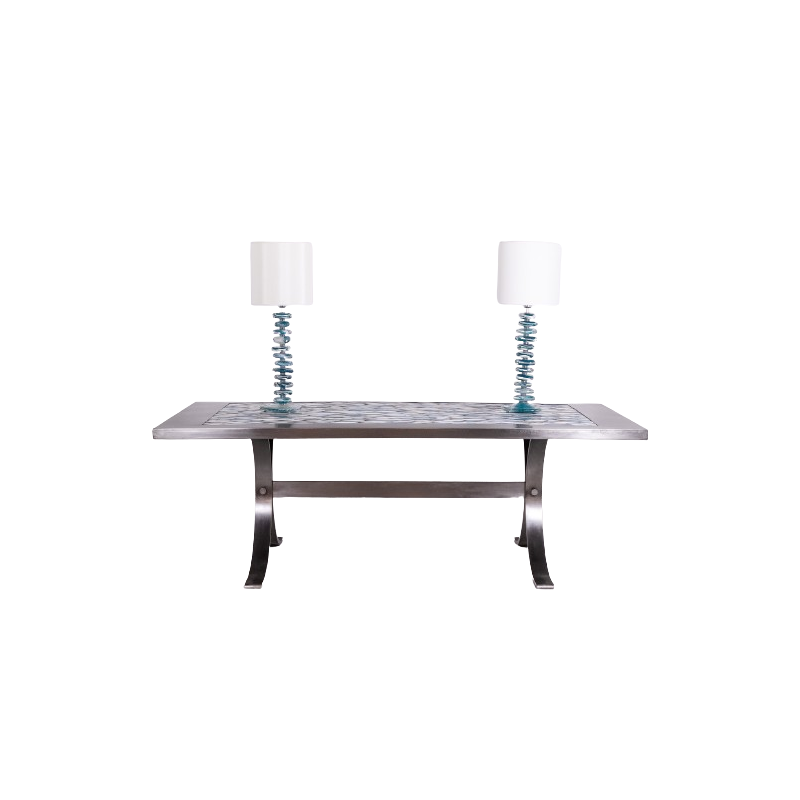 Vintage rectangular dining room table in polished metal and ceramic, 1970