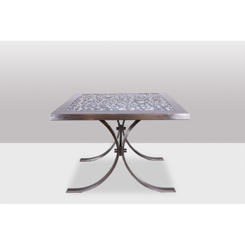 Vintage rectangular dining room table in polished metal and ceramic, 1970