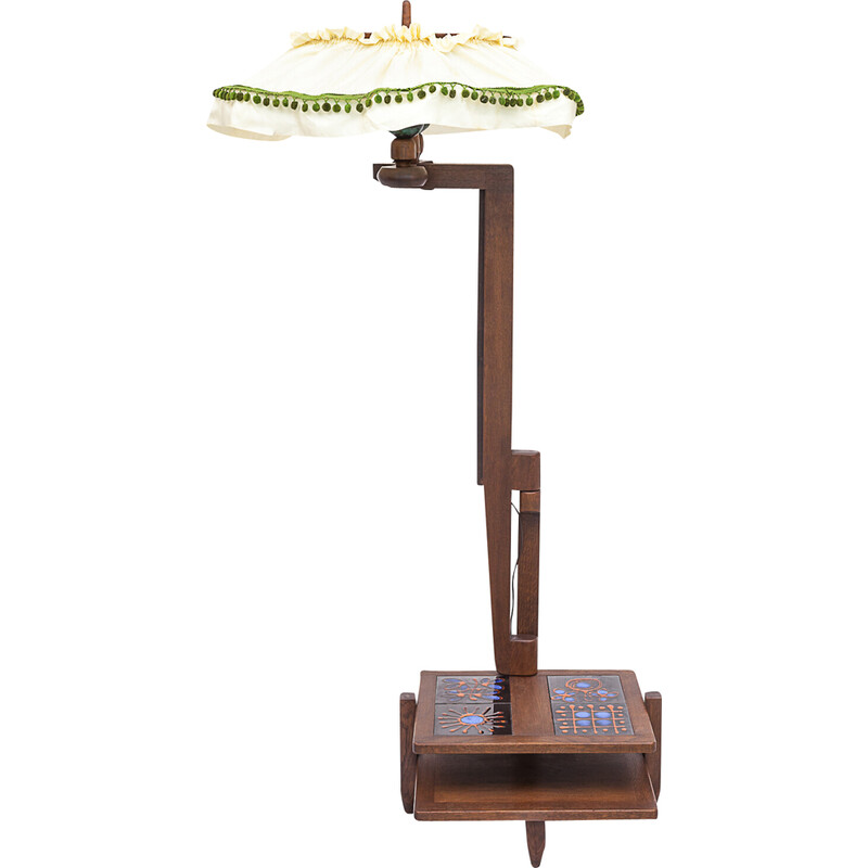 Vintage "Ludovic" floor lamp in stained oak and ceramic by Guillerme and Chambron, 1970