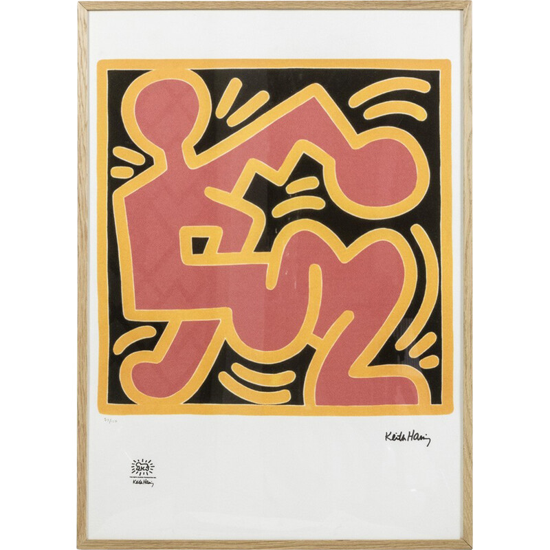 Siebdruck in blondem Eichenrahmen von Keith Haring, Vereinigte Staaten 1990