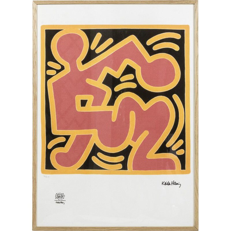 Vintage zeefdruk in blond eikenhouten frame door Keith Haring, Verenigde Staten 1990