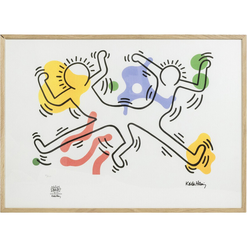 Serigrafia vintage em moldura de carvalho de Keith Haring, EUA 1990