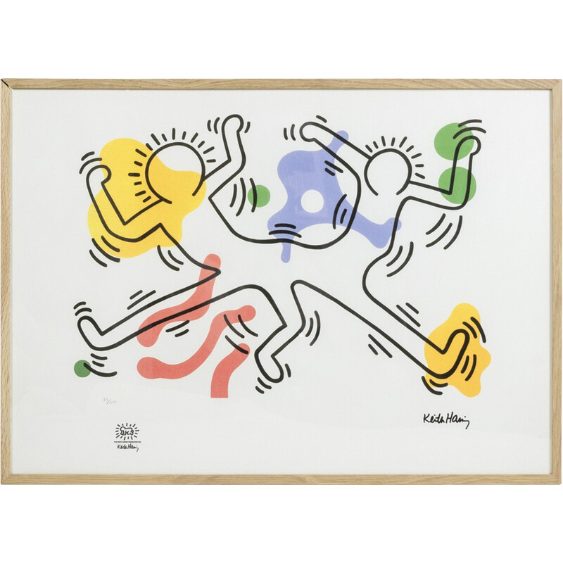 Siebdruck in Eichenholzrahmen von Keith Haring, USA 1990