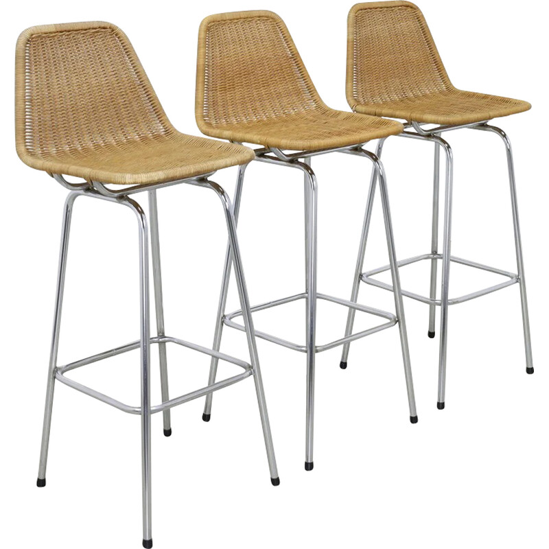 Set of 3 vintage rattan and chrome bar stools for Rohé Noordwolde, 1960