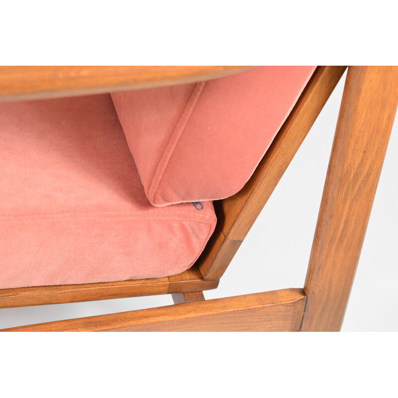Vintage teak and pink velvet armchair by Zenon Baczyk, Denmark 1960