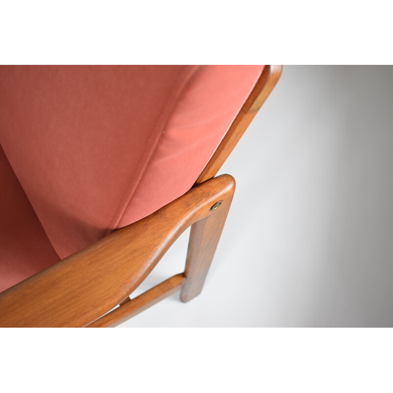 Fauteuil vintage en teck et velours rose par Zenon Baczyk, Danemark 1960