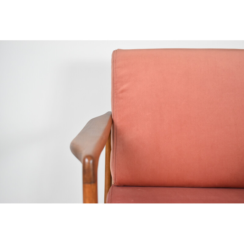 Fauteuil vintage en teck et velours rose par Zenon Baczyk, Danemark 1960