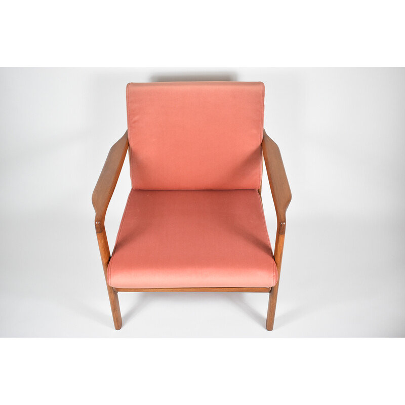 Vintage teak and pink velvet armchair by Zenon Baczyk, Denmark 1960