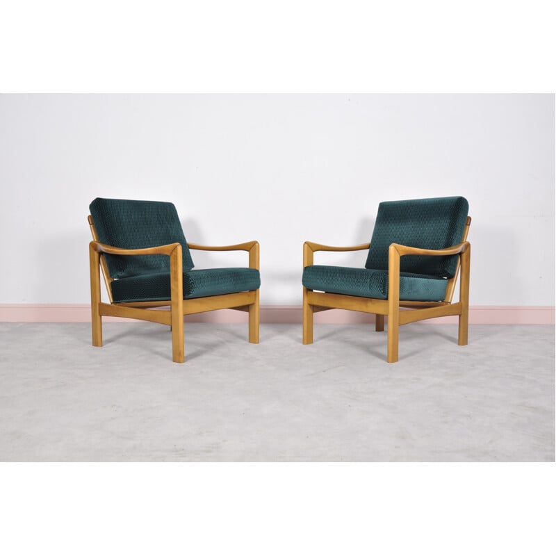 Pair of mid-Century emerald green teak armchairs - 1960s