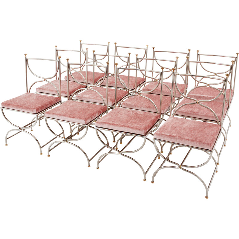 Set of 12 vintage "Curule Savonarola" chairs in brass and pink velvet for Maison Jansen, 1960