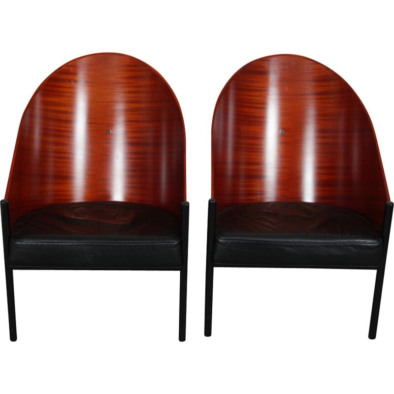 Pair of vintage Pratfall armchairs in mahogany plywood by Philippe Starck for Driade, 1982