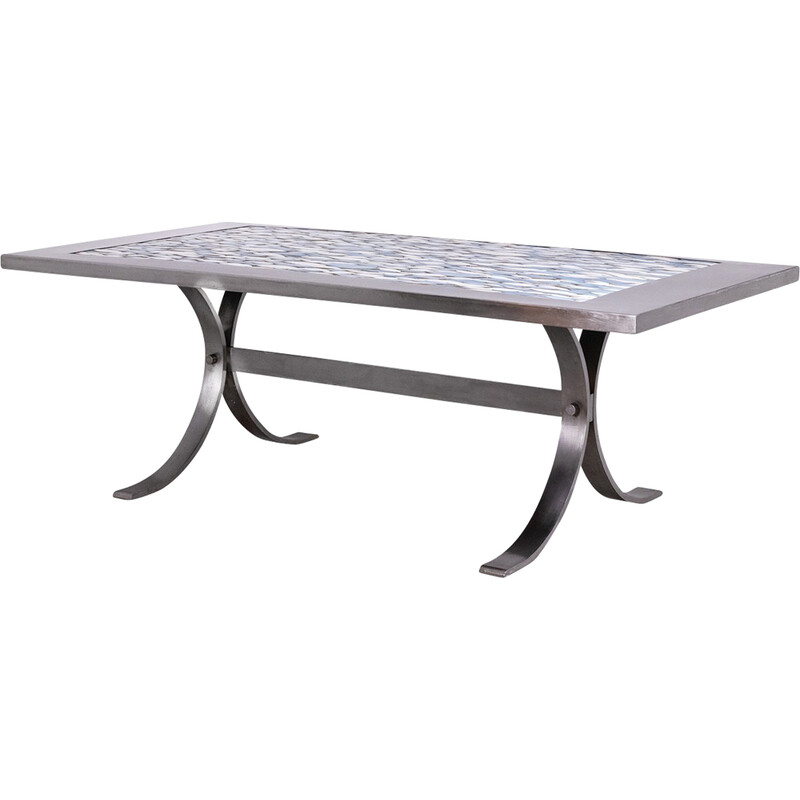 Vintage rectangular dining room table in polished metal and ceramic, 1970