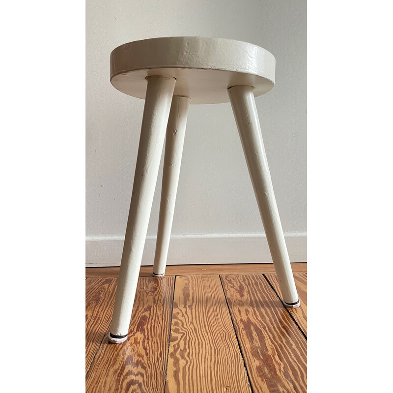 Tabouret vintage tripode en bois laqué blanc