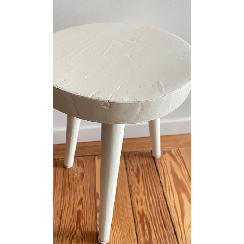 Tabouret vintage tripode en bois laqué blanc