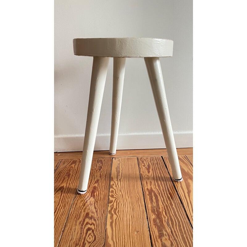 Tabouret vintage tripode en bois laqué blanc