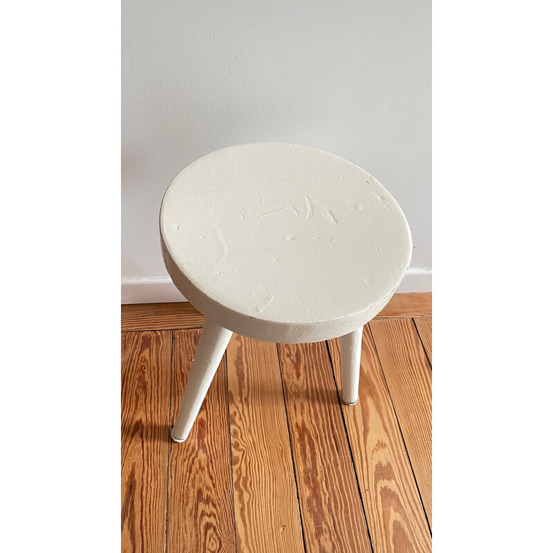 Tabouret vintage tripode en bois laqué blanc