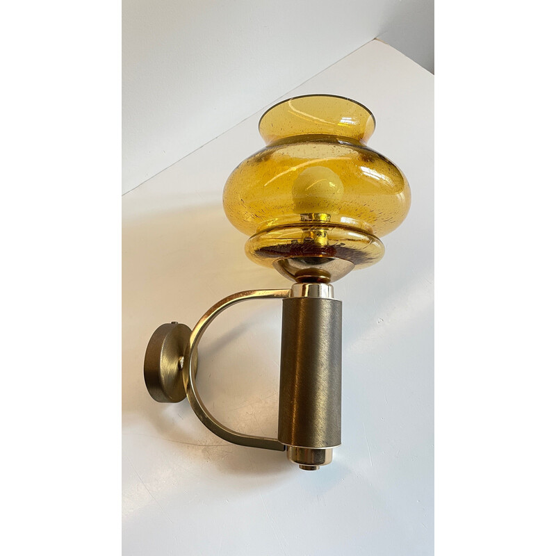 Vintage wandlamp van geborsteld messing en geblazen glas, 1990