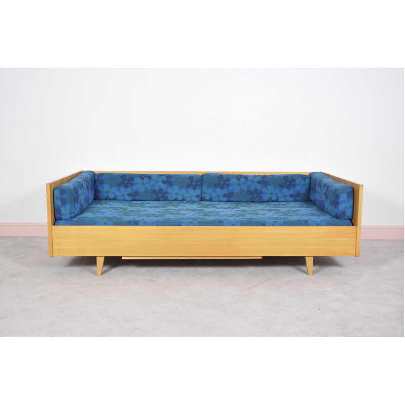 mid-century blue german daybed with floral fabric - 1960s