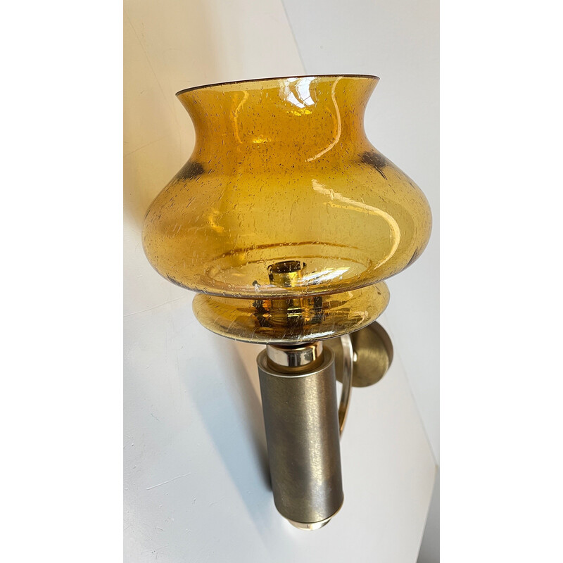 Vintage wandlamp van geborsteld messing en geblazen glas, 1990