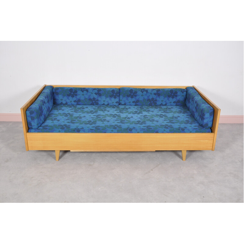 mid-century blue german daybed with floral fabric - 1960s