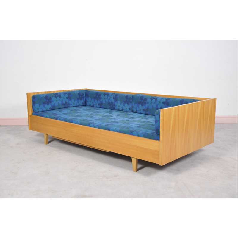 mid-century blue german daybed with floral fabric - 1960s