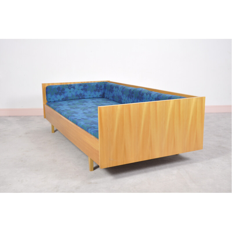 mid-century blue german daybed with floral fabric - 1960s