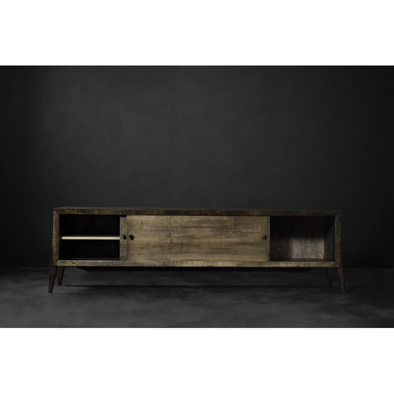 Long vintage scandinavian ash sideboard with matte metal handles, 1960