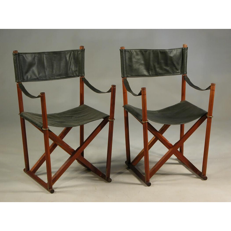 Pair of Mogens Koch Safari folding chairs in teak, brass and black Leather - 1930s