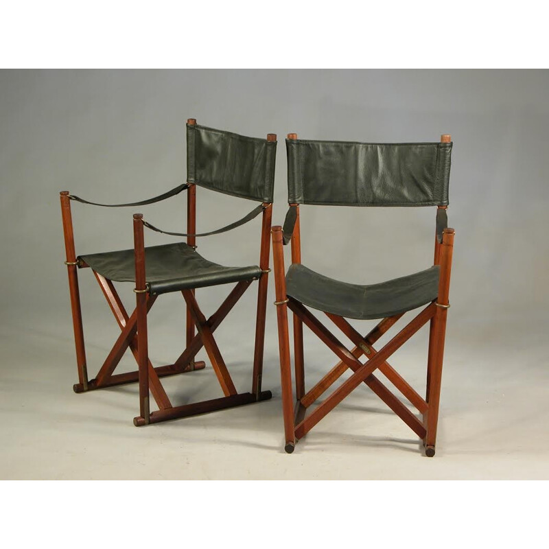 Pair of Mogens Koch Safari folding chairs in teak, brass and black Leather - 1930s