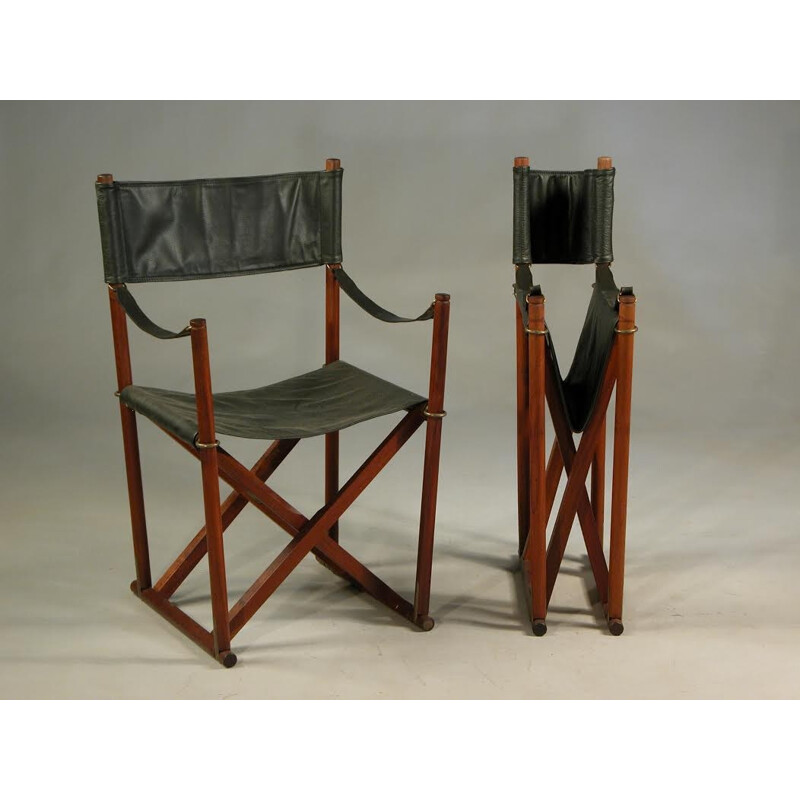 Pair of Mogens Koch Safari folding chairs in teak, brass and black Leather - 1930s