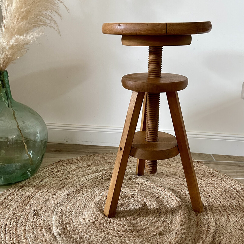 Tabouret vintage tripode en bois massif à vis