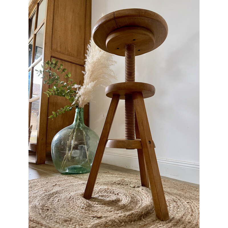 Tabouret vintage tripode en bois massif à vis