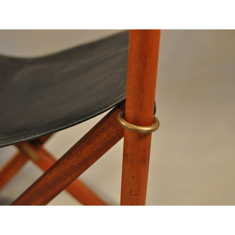 Pair of Mogens Koch Safari folding chairs in teak, brass and black Leather - 1930s