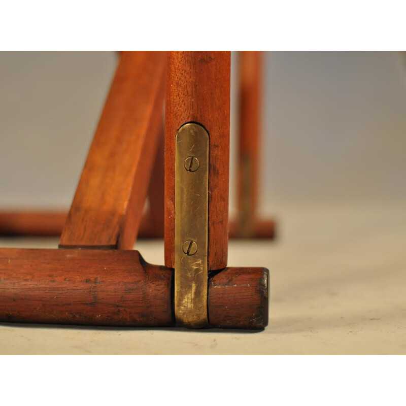 Pair of Mogens Koch Safari folding chairs in teak, brass and black Leather - 1930s