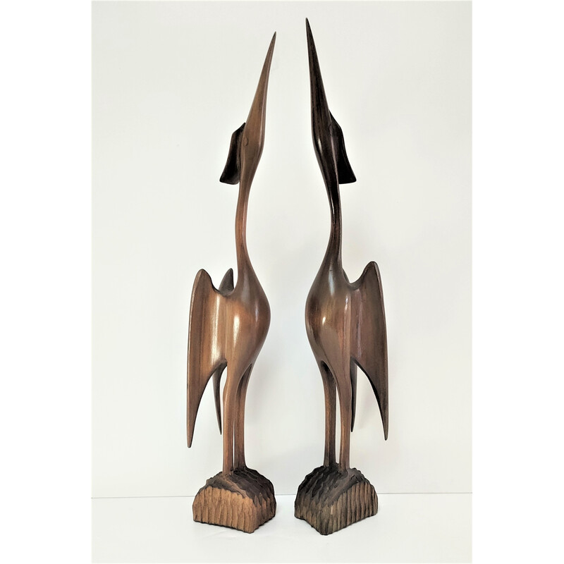 Pair of vintage solid wood birds, 1970