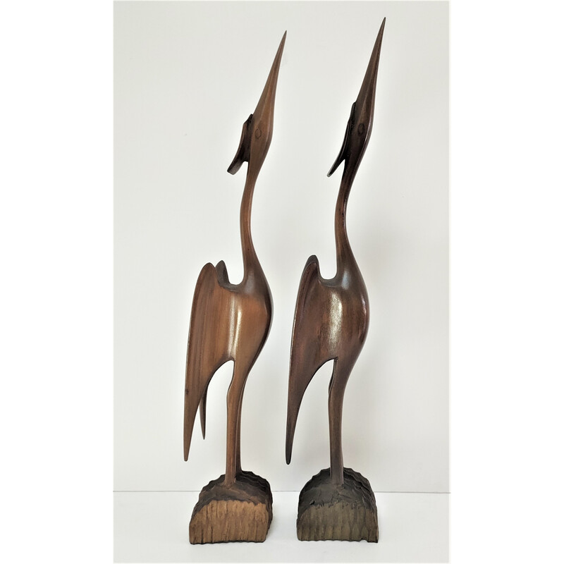 Pair of vintage solid wood birds, 1970