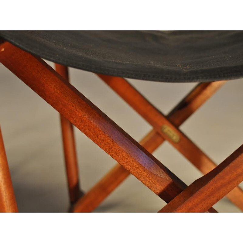 Pair of Mogens Koch Safari folding chairs in teak, brass and black Leather - 1930s