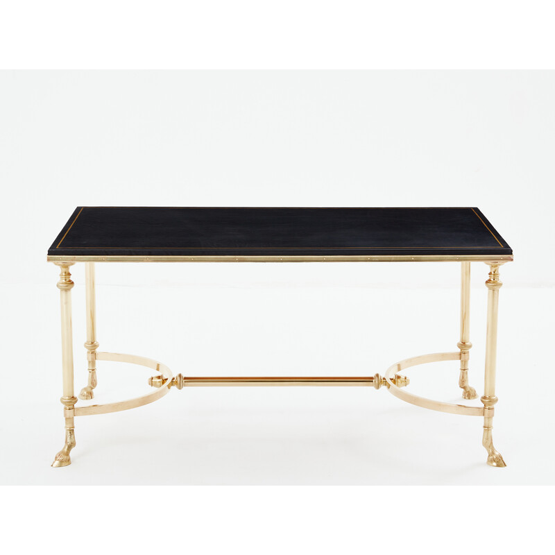 Vintage coffee table in solid brass and black leather for Maison Charles, 1970