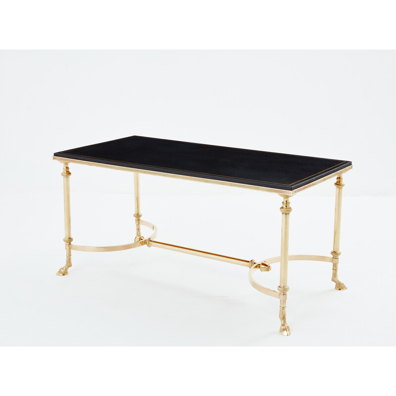 Vintage coffee table in solid brass and black leather for Maison Charles, 1970