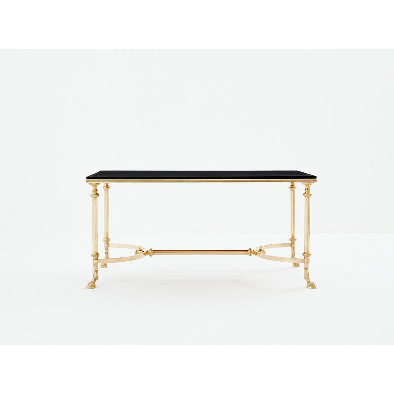 Vintage coffee table in solid brass and black leather for Maison Charles, 1970