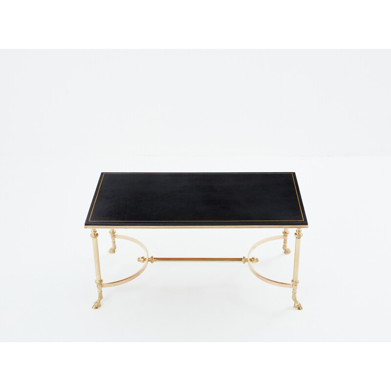 Vintage coffee table in solid brass and black leather for Maison Charles, 1970