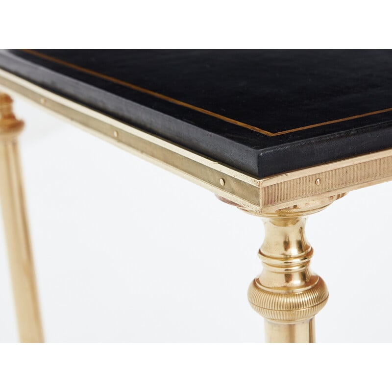 Vintage coffee table in solid brass and black leather for Maison Charles, 1970