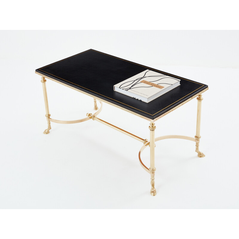 Vintage coffee table in solid brass and black leather for Maison Charles, 1970