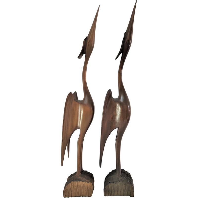 Pair of vintage solid wood birds, 1970