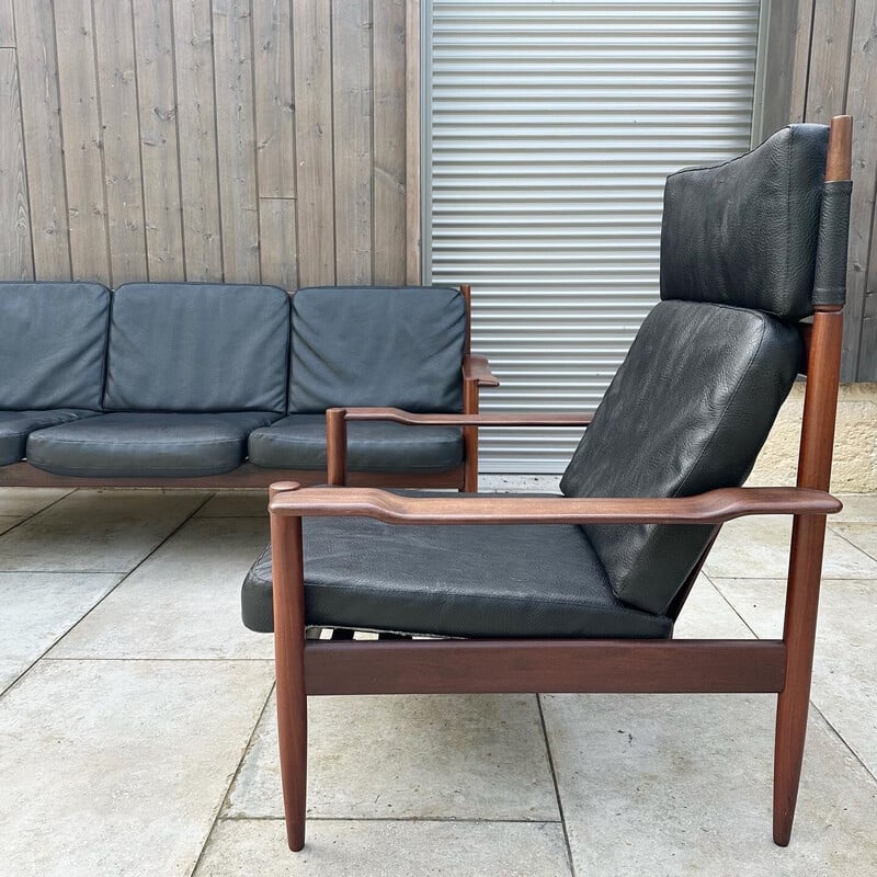 Vintage afromosia and black faux leather living room set, 1960