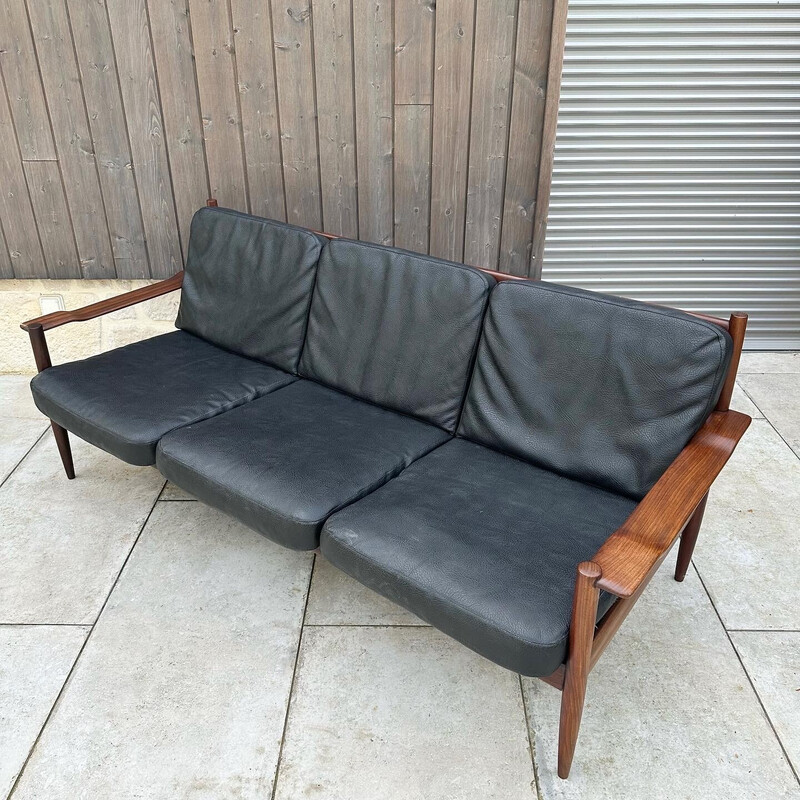 Vintage afromosia and black faux leather living room set, 1960