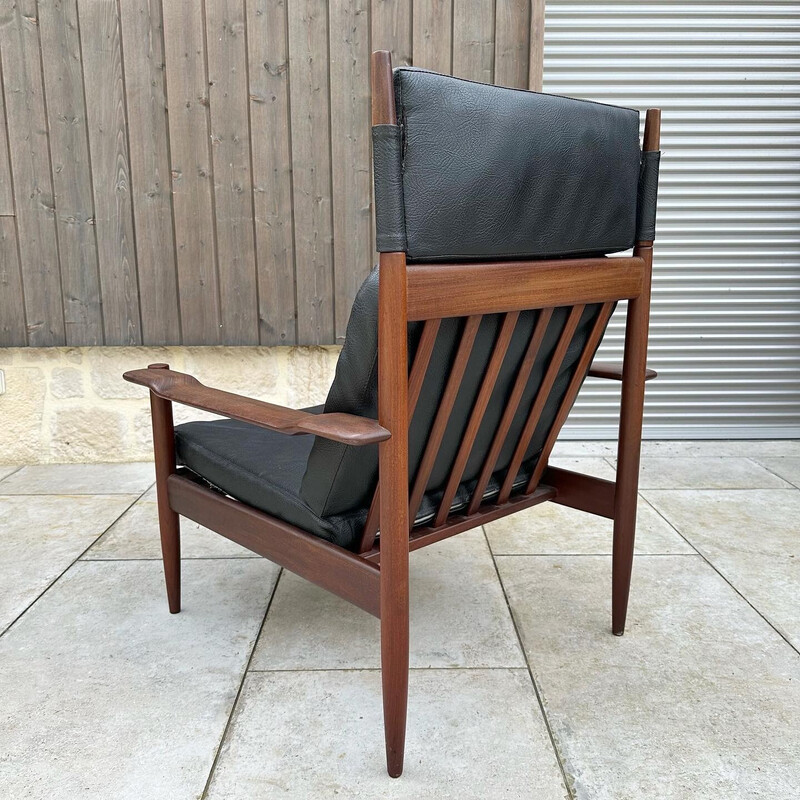 Vintage afromosia and black faux leather living room set, 1960